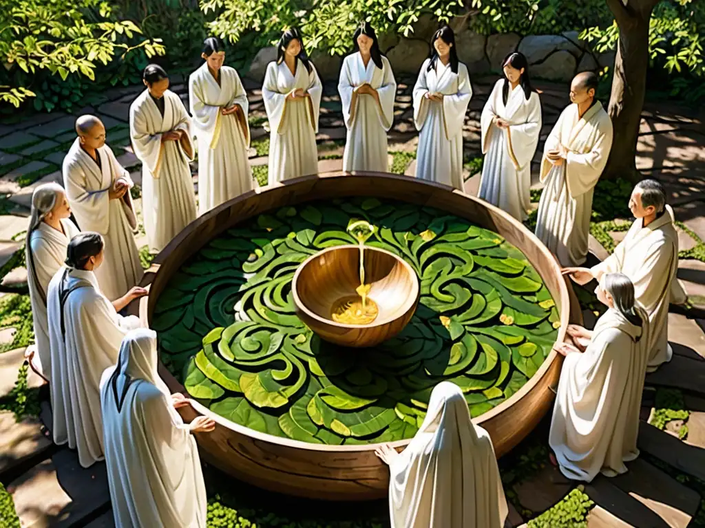 Ritual de conexión en la naturaleza: unión y energía Personas en círculo en la naturaleza, realizando un místico ritual pagano con reverencia y conexión con los espíritus de la naturaleza