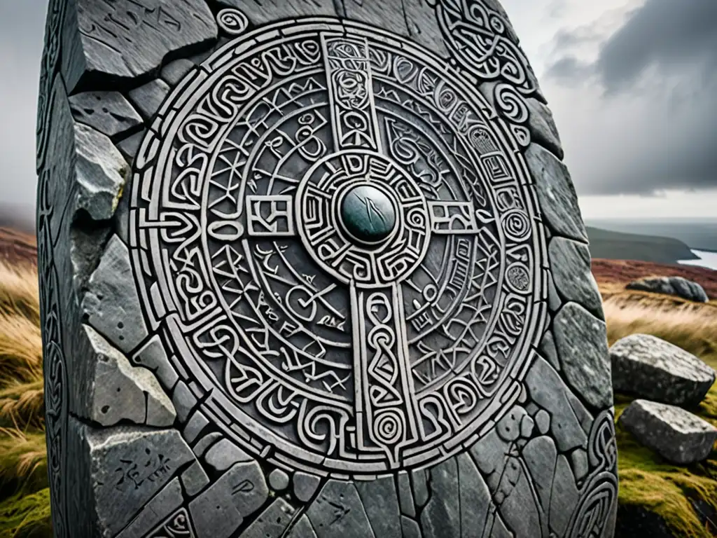 Una piedra rúnica vikinga detallada en un paisaje nórdico neblinoso
