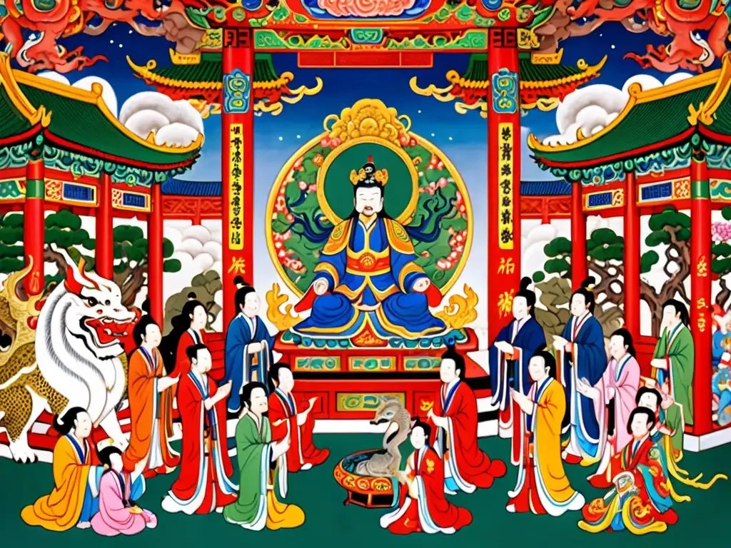 Pintura detallada de la corte celestial del Emperador de Jade, rodeado de figuras mitológicas y animales celestiales