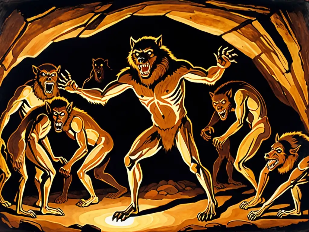 Una pintura rupestre de un ser humanoide con rasgos de lobo, rodeado por humanos primitivos, iluminados por antorchas