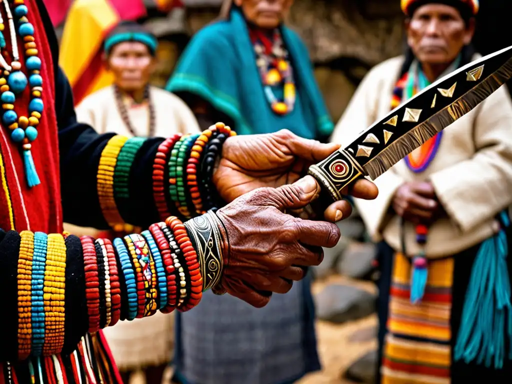 Poder ceremonial del cuchillo Inca: Un chamán sostiene un Tumi durante un ritual, resaltando la tradición y misticismo Inca