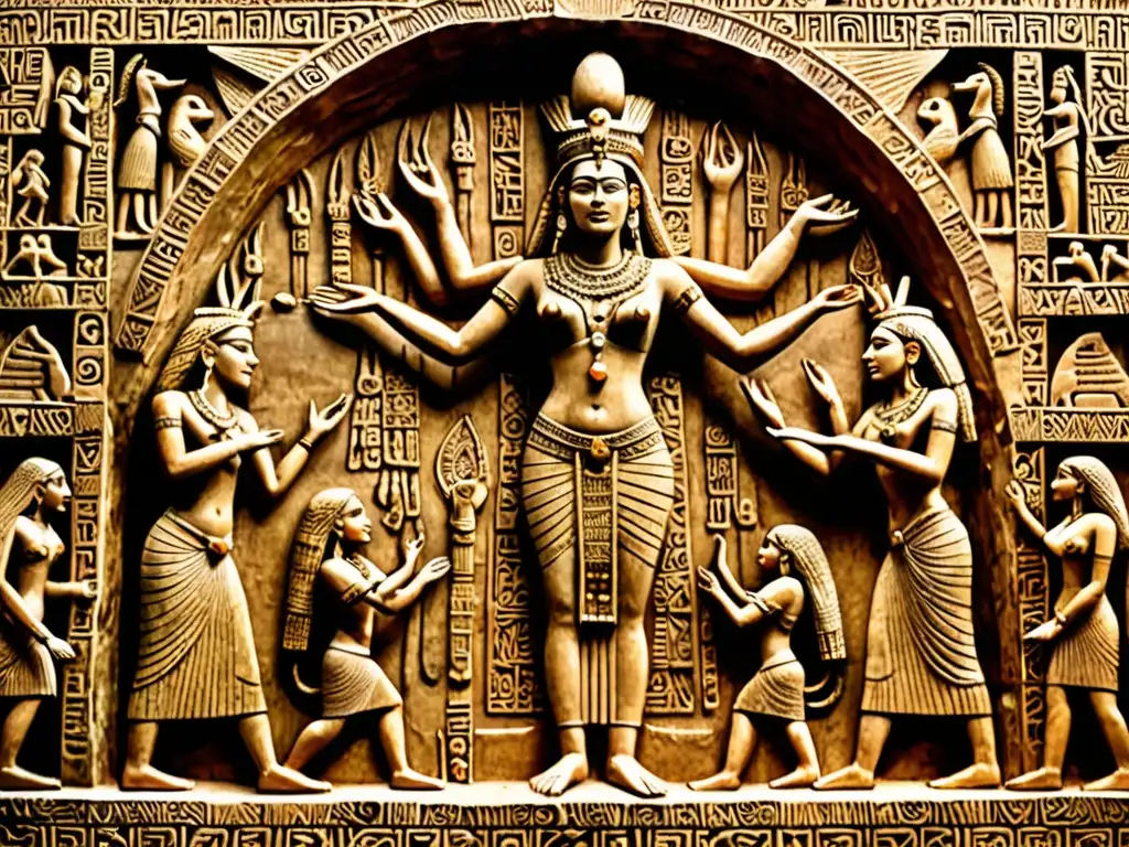 La poderosa diosa Inanna desciende al inframundo en una impresionante talla sumeria, rodeada de divinos seres