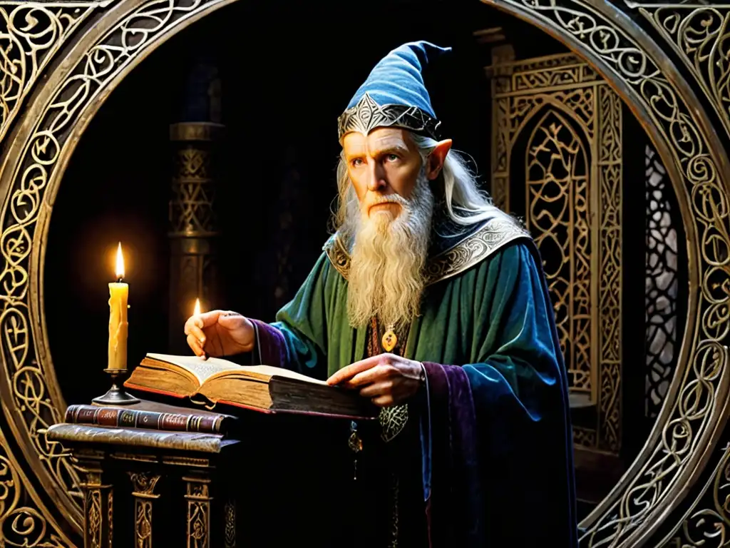 Merlín, en una pose académica, rodeado de antiguos tomos y pergaminos en una cámara atmosférica