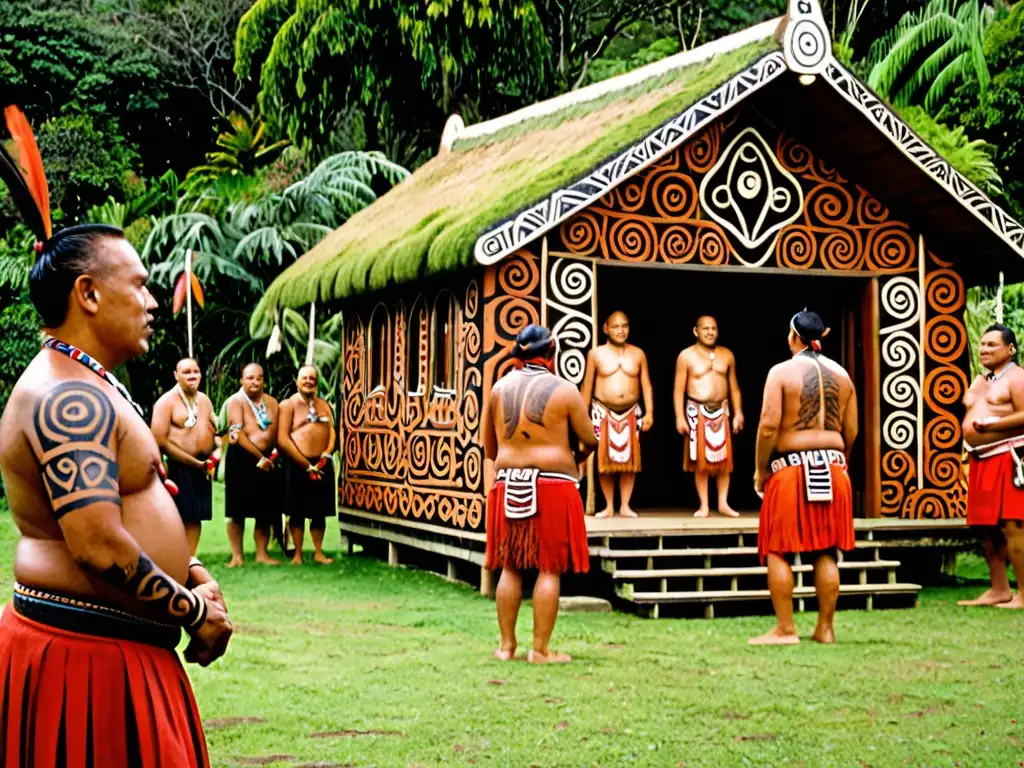 Maoríes realizando powhiri y haka en wharenui con creencias reencarnación cultura maorí