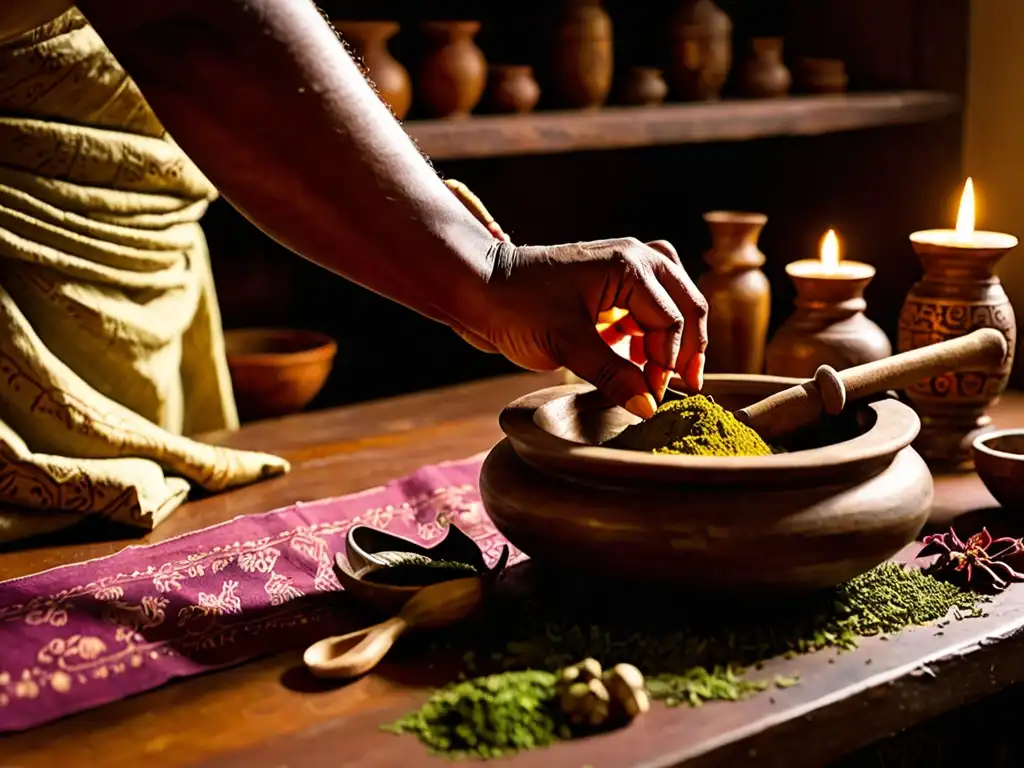 Un practicante ayurvédico prepara un Rasayana en un ambiente atmosférico, mezclando hierbas rejuvenecedoras en un mortero de madera