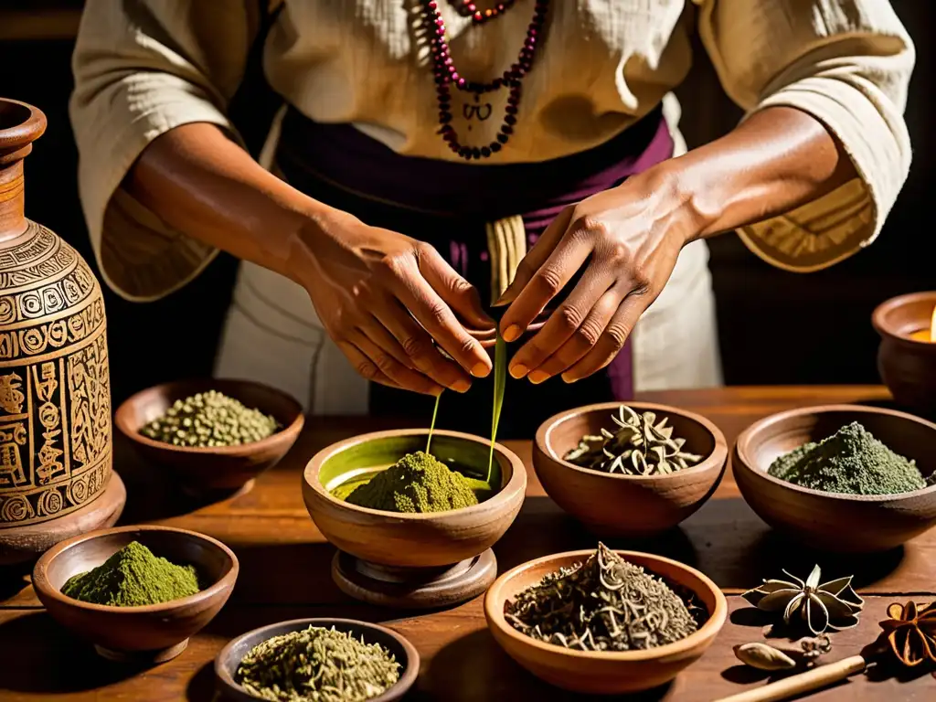 Un practicante de Ayurveda prepara con reverencia un complejo brebaje de Rasayana en un ambiente íntimo y perfumado con hierbas exóticas