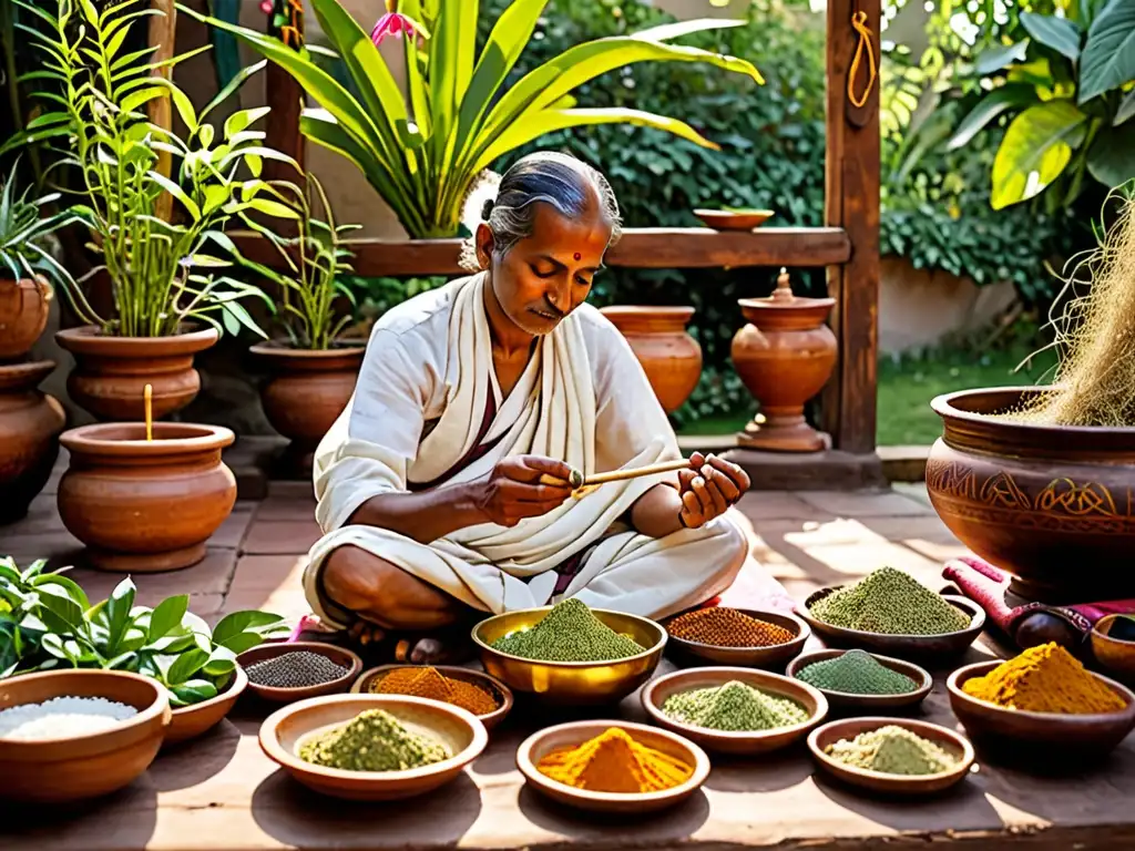 Un practicante tradicional de Ayurveda prepara una mezcla de hierbas para el arte ayurvédico del Rasayana en un jardín sereno y soleado