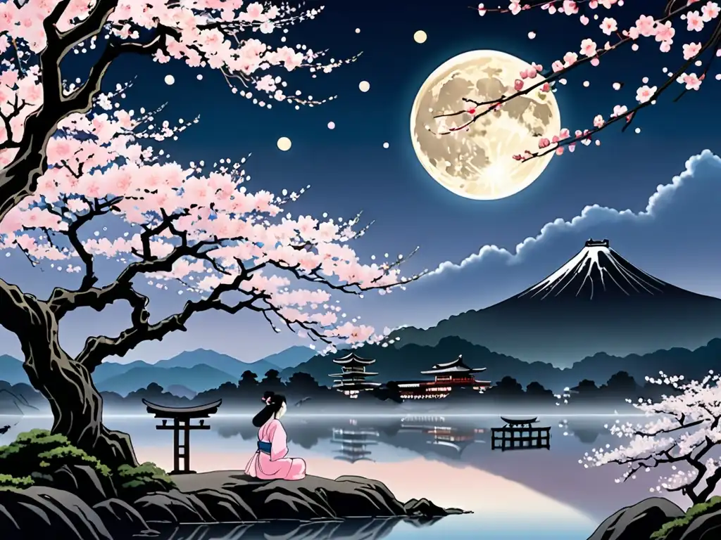 Princesa Kaguya leyenda japonesa: Hermosa luna llena sobre un paisaje japonés, con árbol de cerezo, figura femenina y ambiente místico