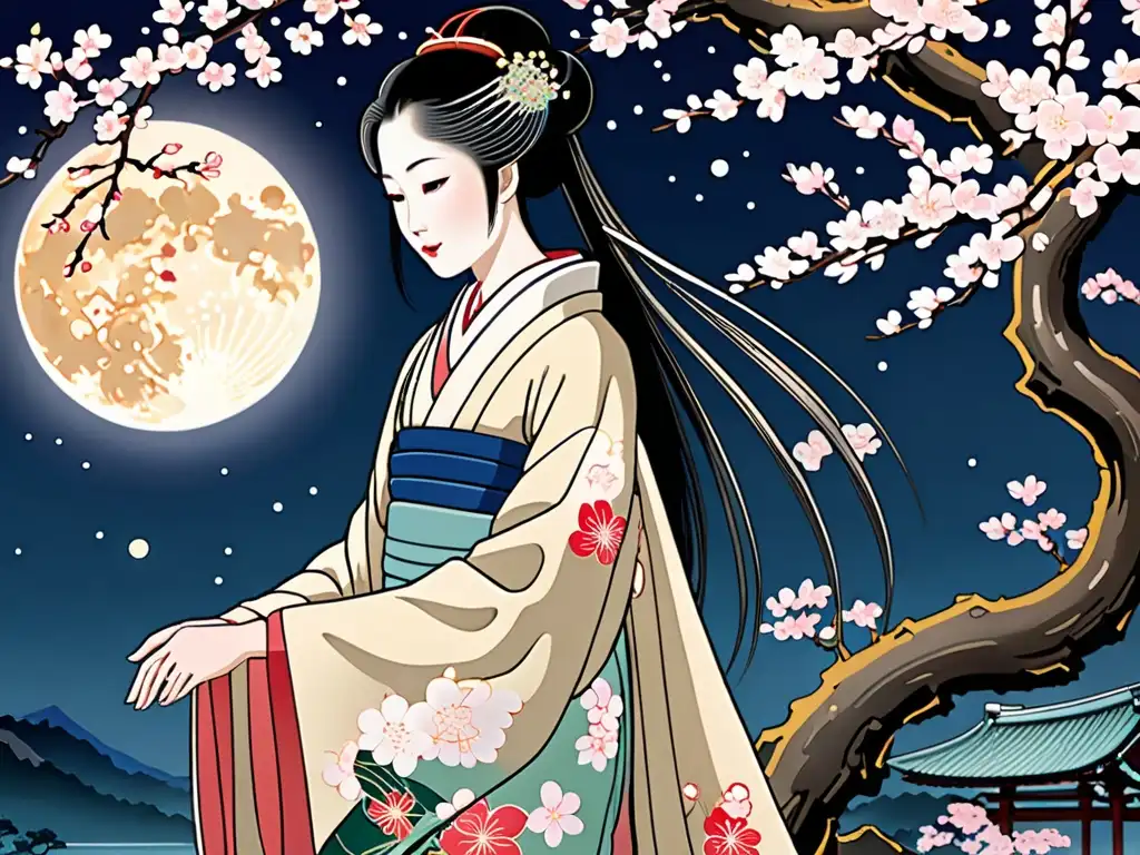 Princesa Kaguya leyenda japonesa: pintura de rollo japonesa que muestra su belleza etérea en un paisaje nocturno impresionante