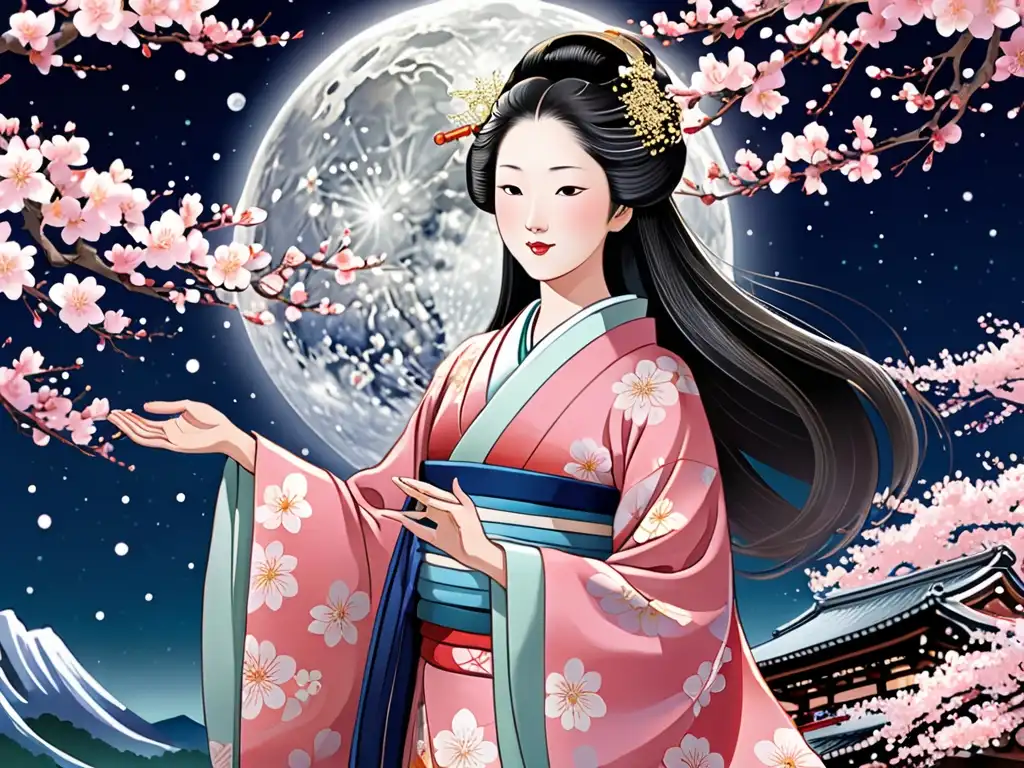 Princesa Kaguya de la leyenda japonesa, desciende de la luna en kimono celestial rodeada de una atmósfera etérea de belleza y encanto