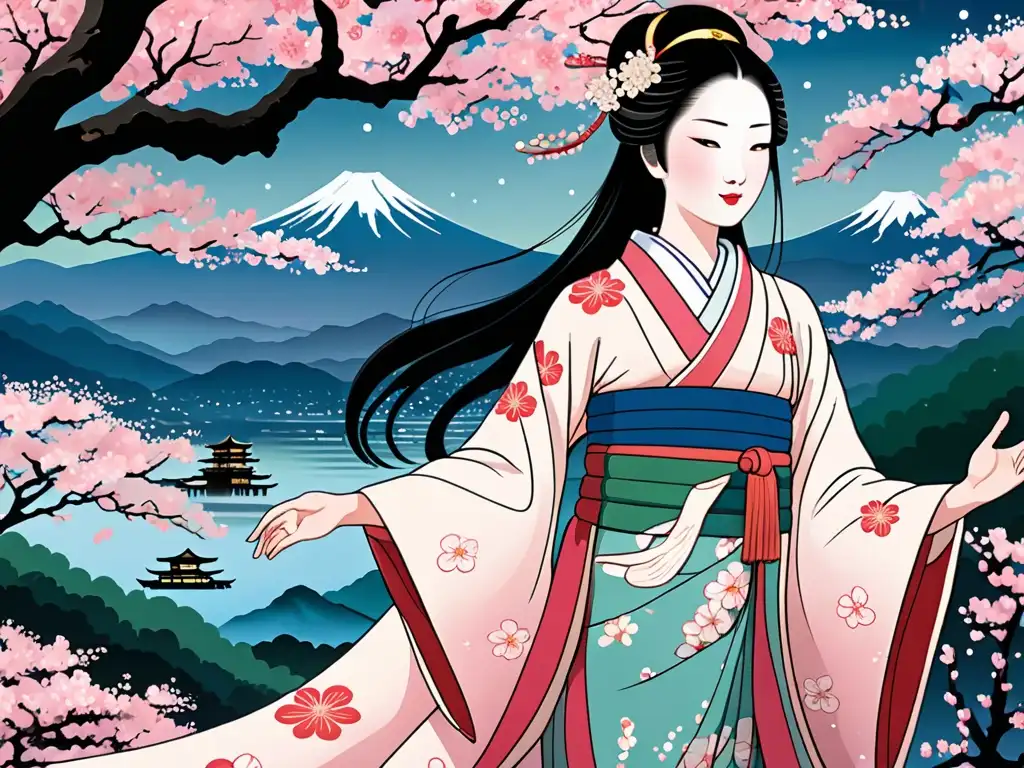 Princesa Kaguya leyenda japonesa: ilustración documental de la mítica princesa rodeada de paisajes naturales de Japón, con belleza etérea y gracia