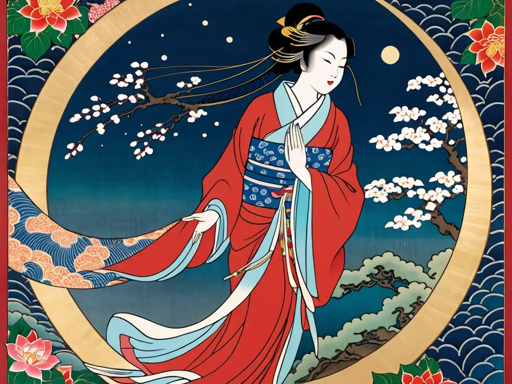 Princesa Kaguya descendiendo de la luna rodeada de patrones florales y caligrafía, evocando la belleza etérea de la leyenda japonesa