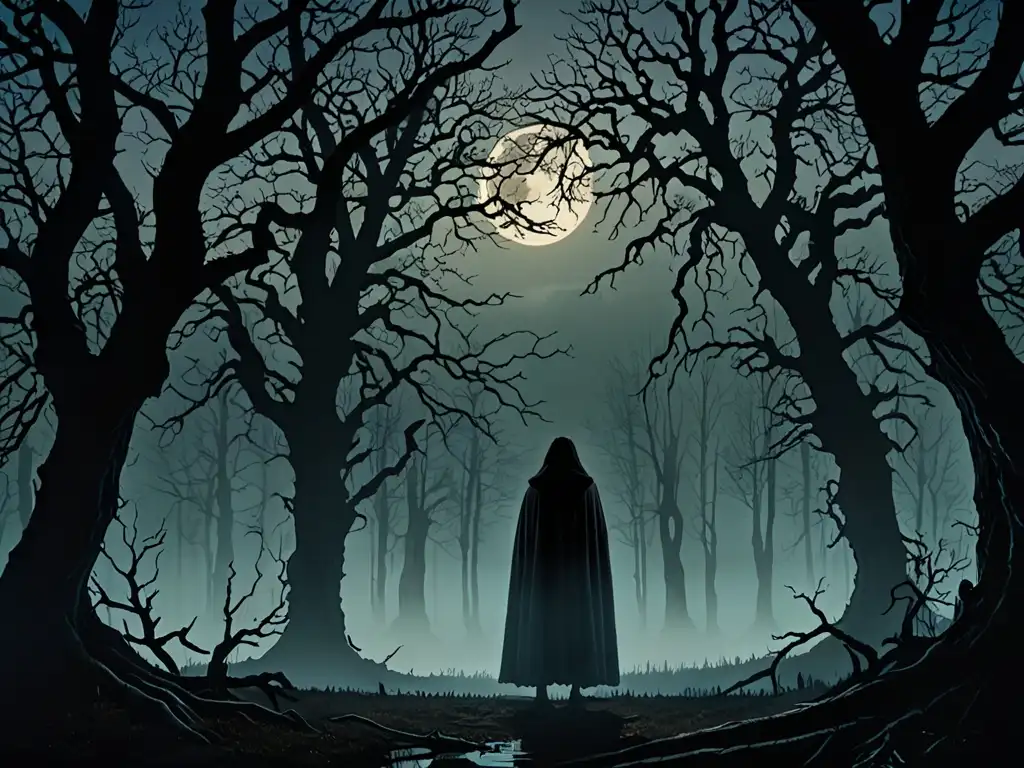 En lo profundo del bosque, la leyenda de la Dama de los Ojos Vacíos cobra vida en la misteriosa silueta junto al lago iluminado por la luna