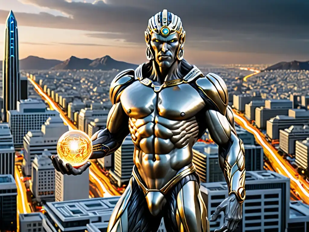 Prometeo cibernético sostiene el fuego del conocimiento en ciudad futurista