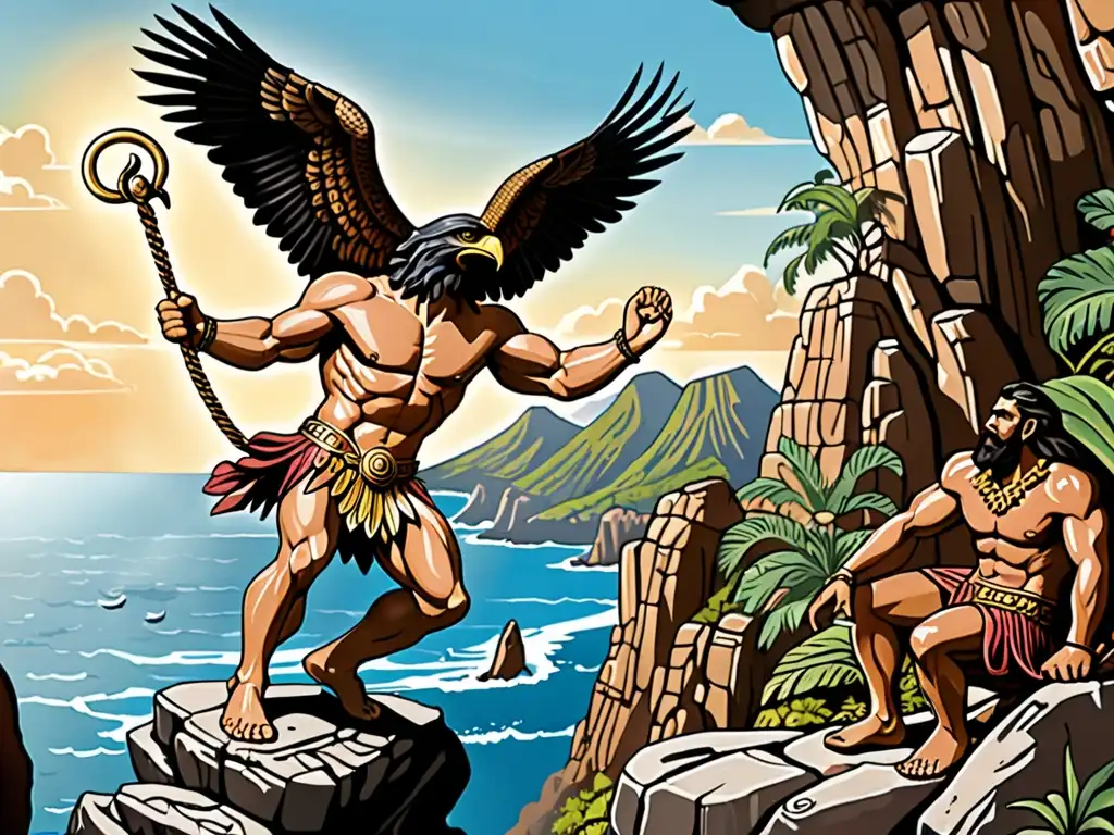Prometeo encadenado a una roca mientras un águila se alimenta de su hígado, y Maui levanta islas con su anzuelo mágico