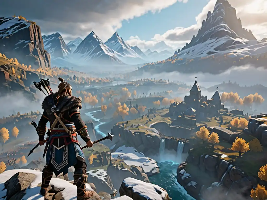 Protagonista de Assassin's Creed Valhalla, en Asgard, con paisaje de mitología nórdica