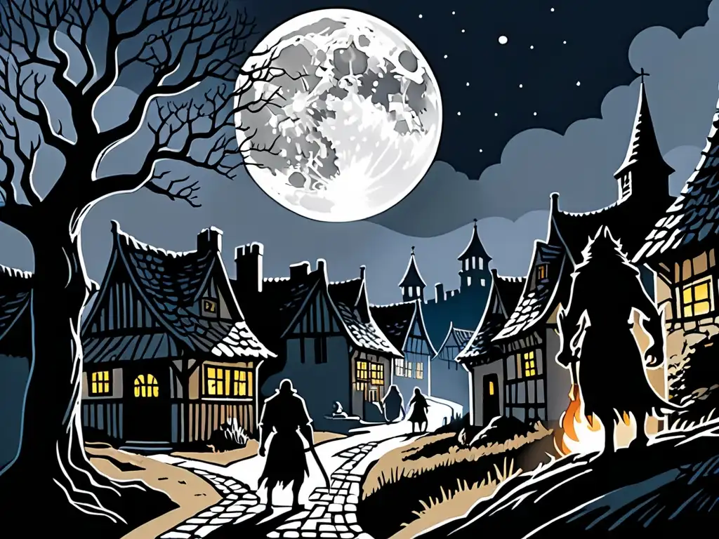 Un pueblo medieval ilustrado de noche con un hombre lobo emergiendo, resplandor de antorchas y la luna llena sobre los tejados