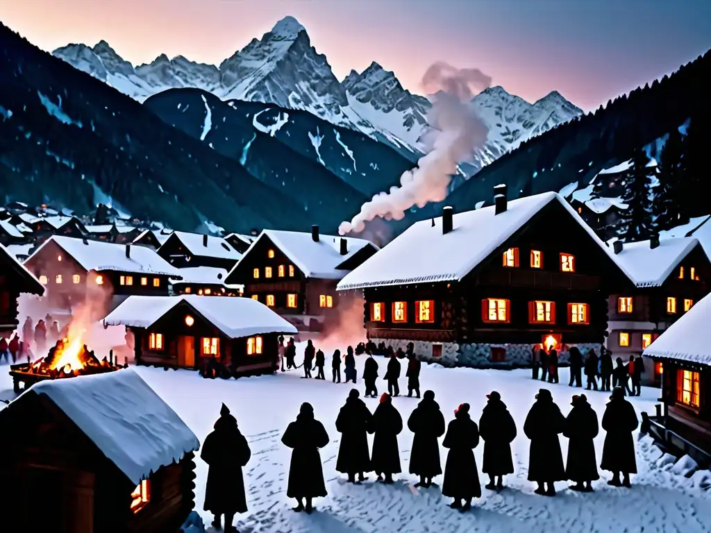 Un pueblo nevado en los Alpes, con chalets iluminados por linternas y lugareños celebrando Krampusnacht alrededor de una fogata