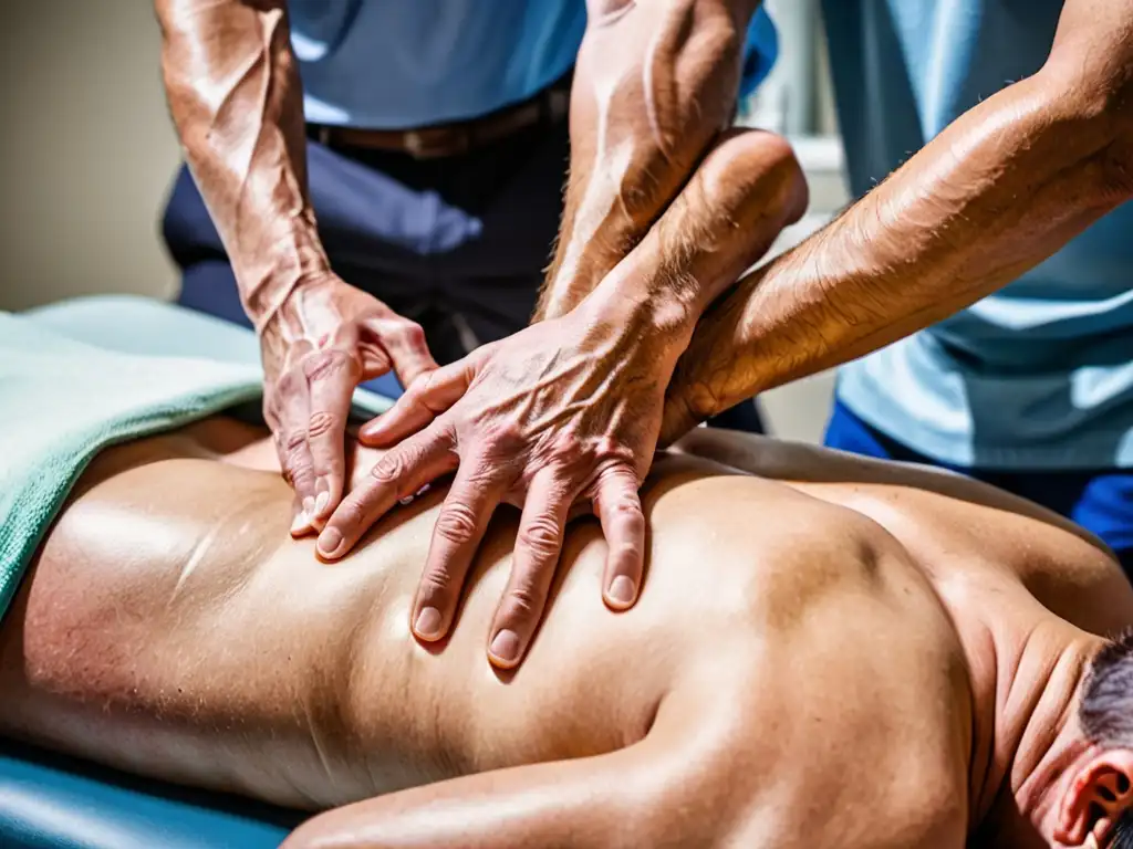 Un quiropráctico realiza una manipulación espinal en un paciente, mostrando movimientos precisos y expresión relajada