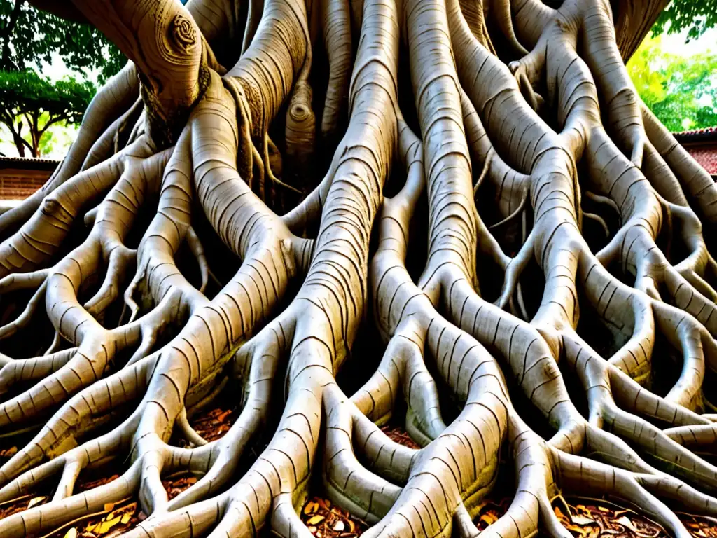 Raíces entrelazadas del árbol Bodhi, con texturas terrosas y red de raíces