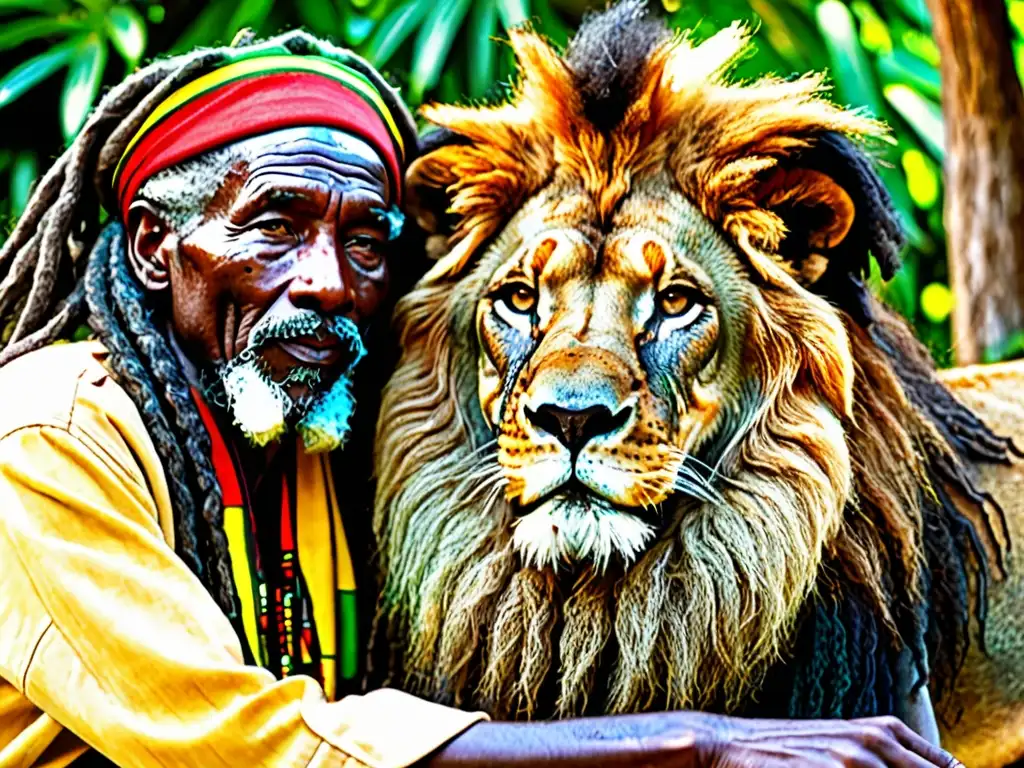 Rastafarian elder acariciando con reverencia al majestuoso león, reflejando el significado cultural del León de Judá