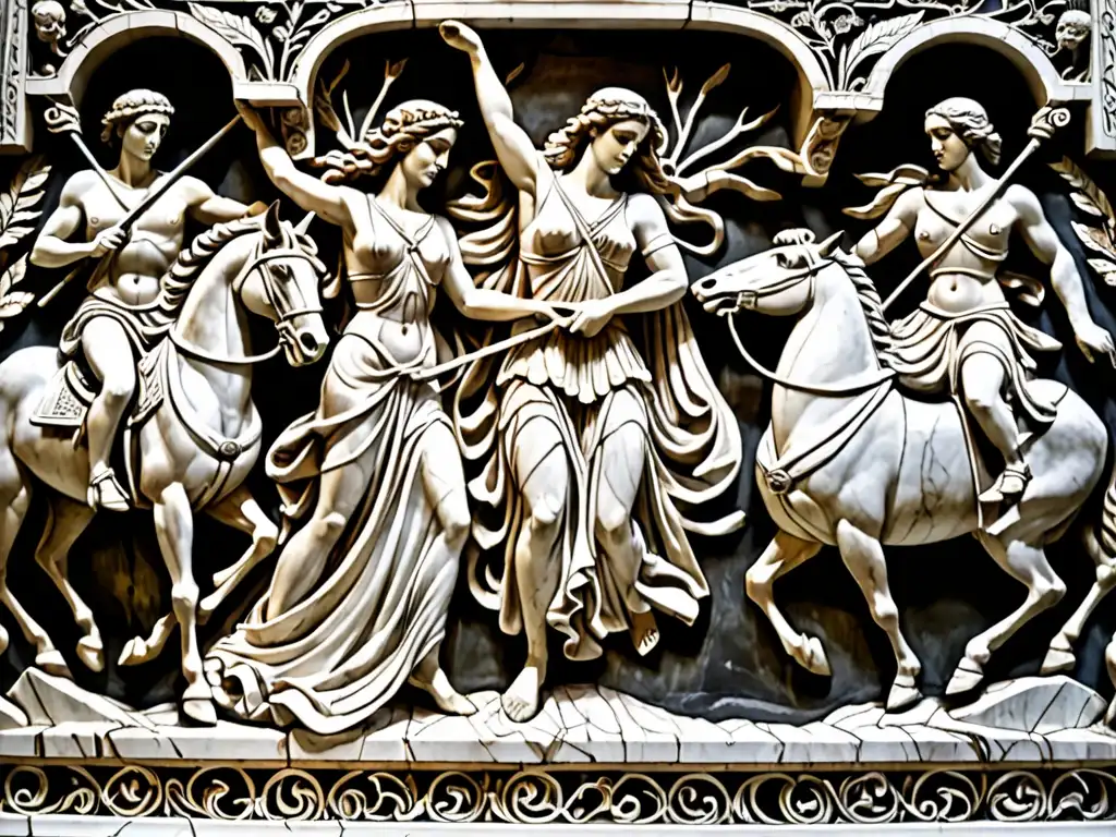 Relieve de mármol de la mitológica escena del rapto de Perséfone por Hades en el inframundo