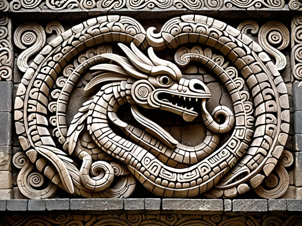 Relieve de piedra de Quetzalcóatl, serpiente emplumada, en templo mesoamericano, evocando la poderosa mitología Mesoamericana
