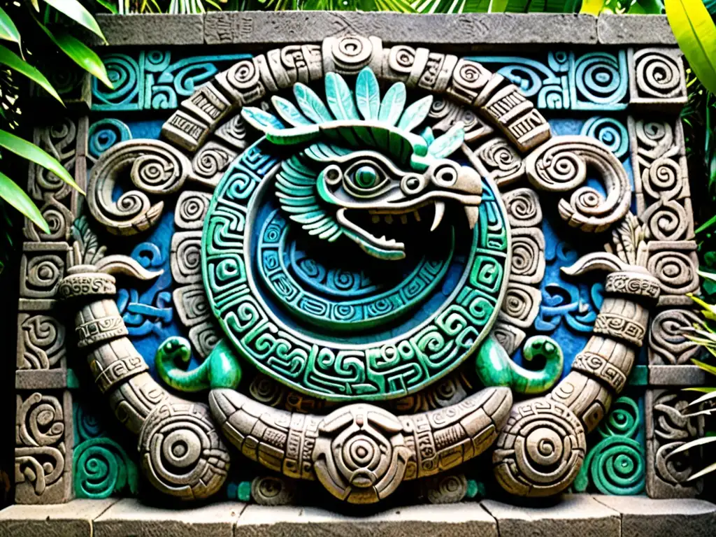 Relieve de piedra tallada con la figura de Quetzalcóatl entrelazado con serpientes en un templo de la mitología mesoamericana