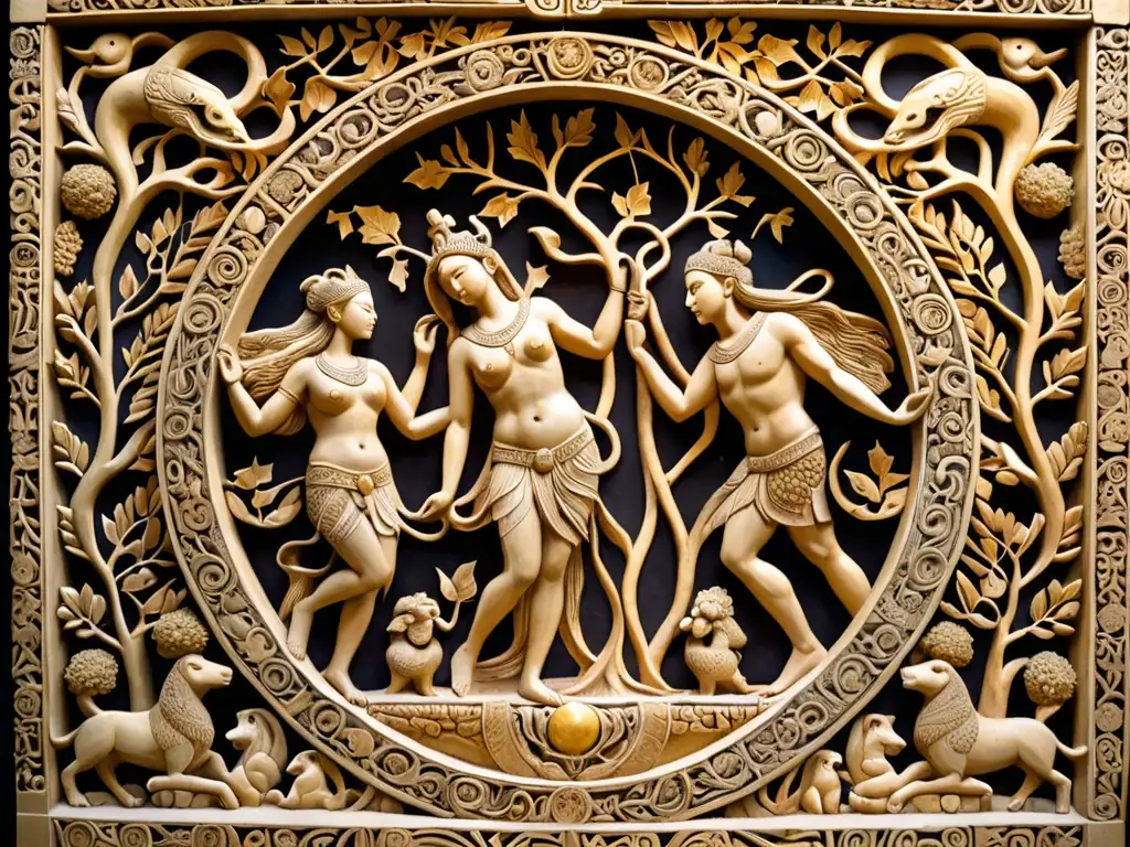 Relieve de piedra tallado con figuras míticas, símbolos de destino y luz dorada entre la densa vegetación