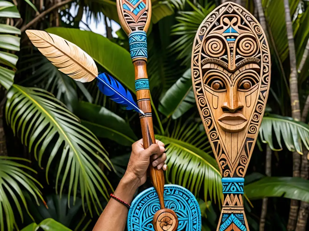 Pala ceremonial polinesia tallada a mano Una remada ceremonial polinesia tallada con símbolos tradicionales y plumas vibrantes, sostenida por una figura envuelta en tapa, frente a un escenario de exuberante vegetación tropical y un tranquilo mar cerúleo