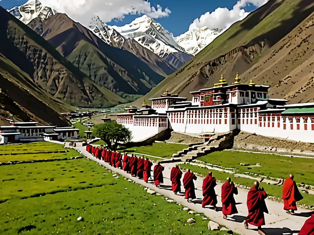 Un remoto monasterio tibetano en un valle verde con monjes y banderas de oración, evocando mitos y leyendas del Tíbet