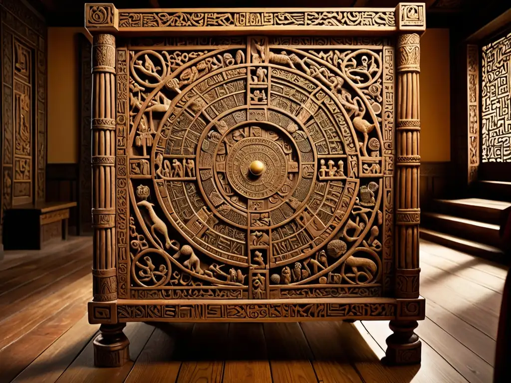 Una réplica detallada de la mítica Mesa de Salomón, rodeada de objetos antiguos y místicos, iluminada por una cálida luz, evocando su magia y misterio