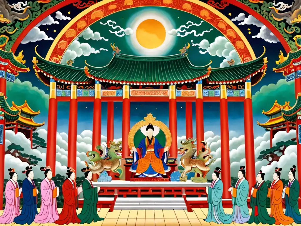 Una representación impresionante de la corte celestial del mítico Emperador de Jade, llena de detalles intrincados y colores vibrantes