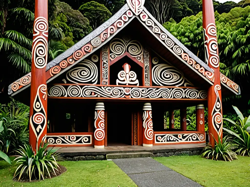 Una fotografía de alta resolución de un marae tradicional maorí con detalles tallados elaborados y diseños vibrantes, rodeado de exuberante vegetación y una atmósfera serena