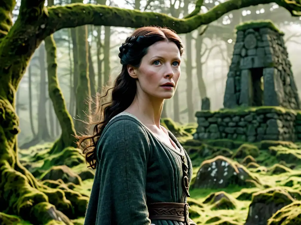Retrato intenso de Claire Fraser en bosque celta místico, evocando la reinvención mitos celtas Outlander