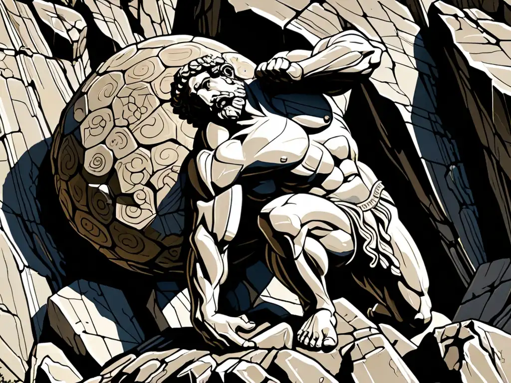 Sísifo, rey de Ephyra, empuja una enorme roca en una montaña empinada