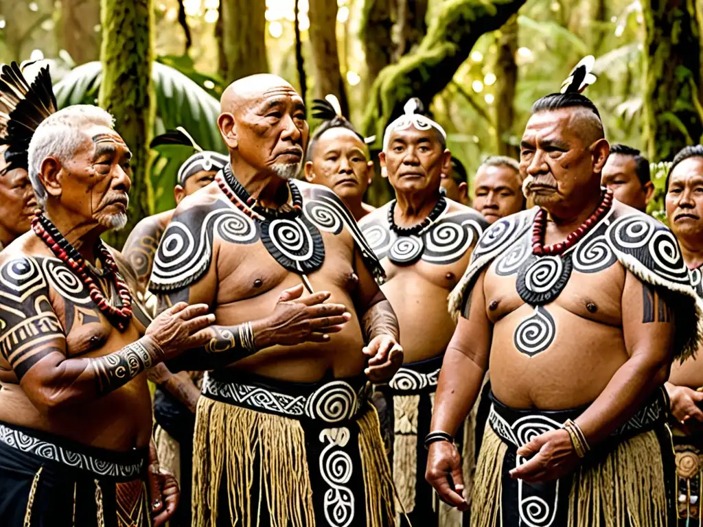 Un ritual maorí en el bosque con ancianos, tatuajes faciales y vestimenta tradicional