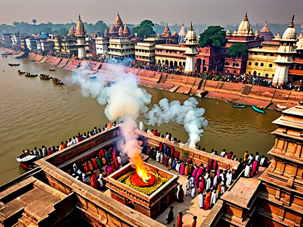 Rituales funerarios a orillas del Ganges Rituales funerarios en el río Ganges en Varanasi, India, con humo de piras y paisaje sagrado que refleja la percepción del alma después de la muerte