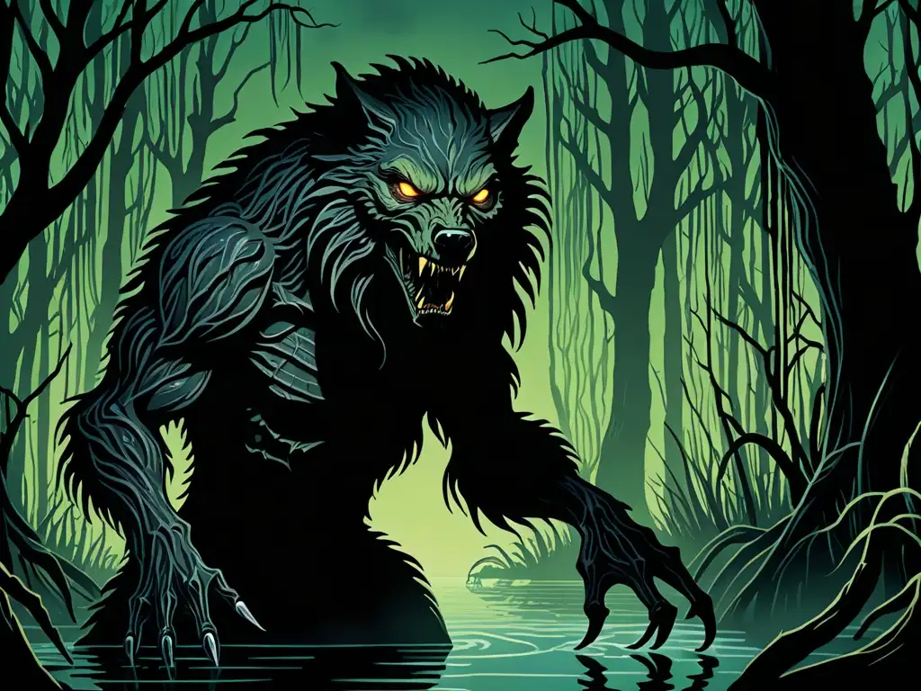 Un Rougarou acecha en la brumosa bahía, con ojos brillantes y furia sobrenatural