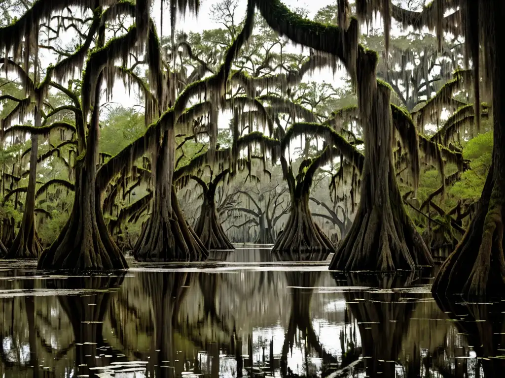 El Rougarou en el folklore cajún: Imagen de un pantano denso y misterioso, con cipreses y musgo español, evocando la leyenda del Rougarou