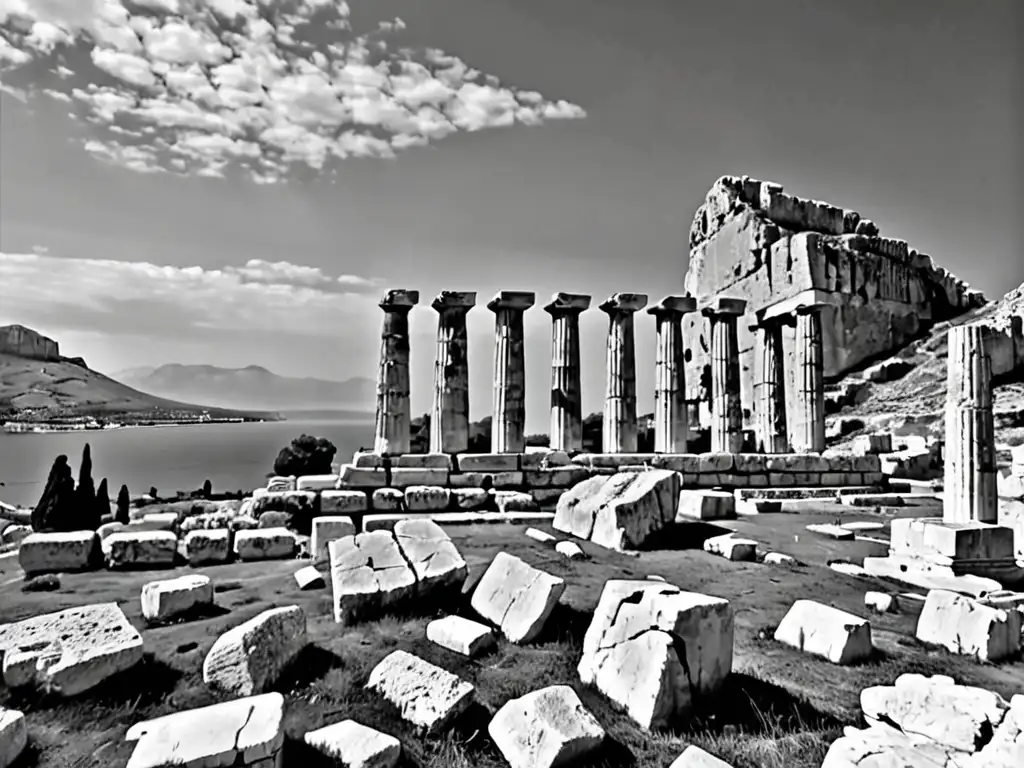 Ruinas de la antigua ciudad de Corinto con el imponente Acrocorinto al fondo, evocando el Mito de Sísifo en Grecia