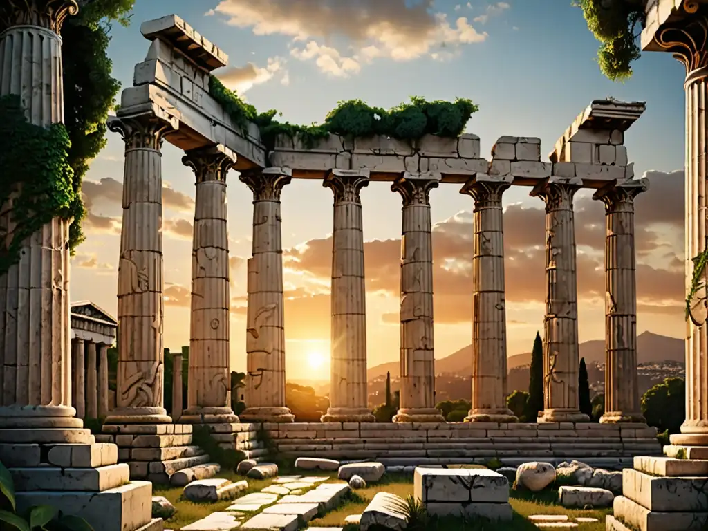 Ruinas antiguas al atardecer: mitología y historia Ruinas antiguas de Grecia y Roma con carvings detallados y columnas, rodeadas de vegetación exuberante, al atardecer