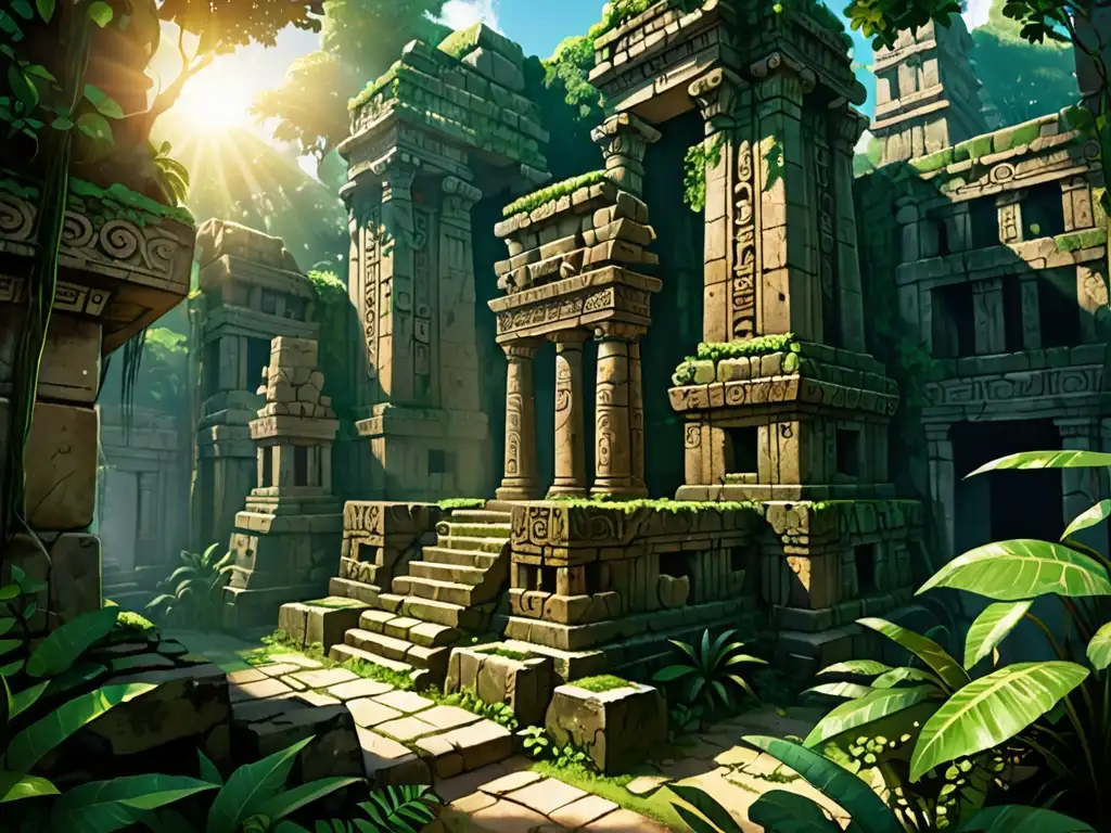 Ruinas antiguas cubiertas por vegetación en la selva evocan el misterio y la maravilla de la arqueología de las ciudades perdidas