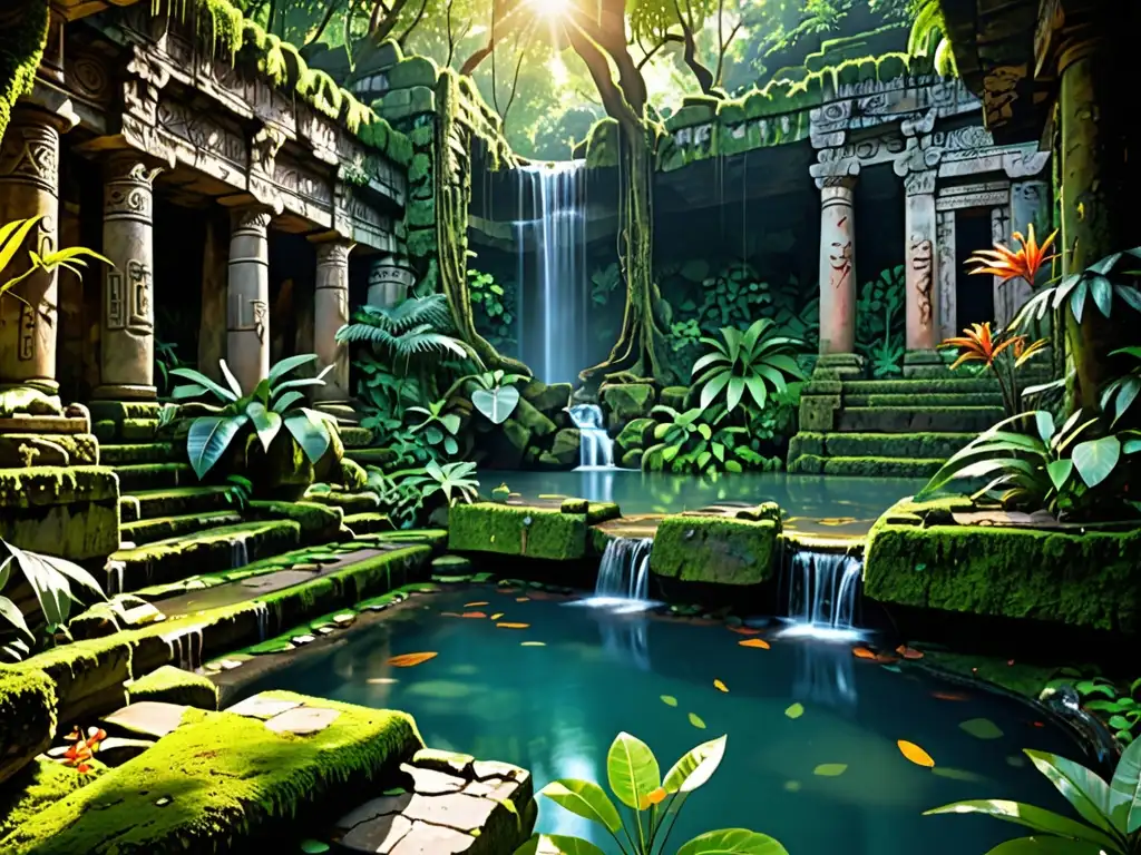 Ruinas antiguas y exuberante selva, creando un aire de misterio en el continente perdido de los mitos Lemuria