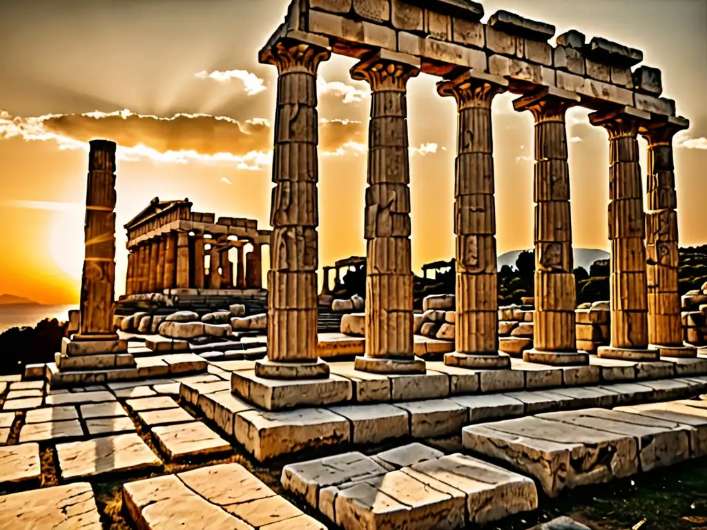 Ruinas antiguas griegas bañadas en cálida luz dorada al atardecer, evocando la eterna herencia de Orfeo, amor y música en la Grecia antigua