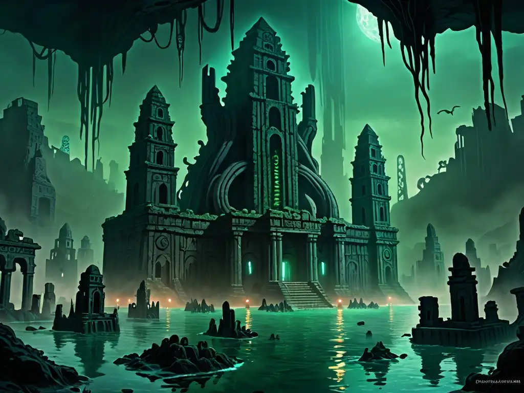 Ruinas antiguas y monstruos tentaculados en ciudad sumergida, evocando la mitología de terror cósmico Cthulhu