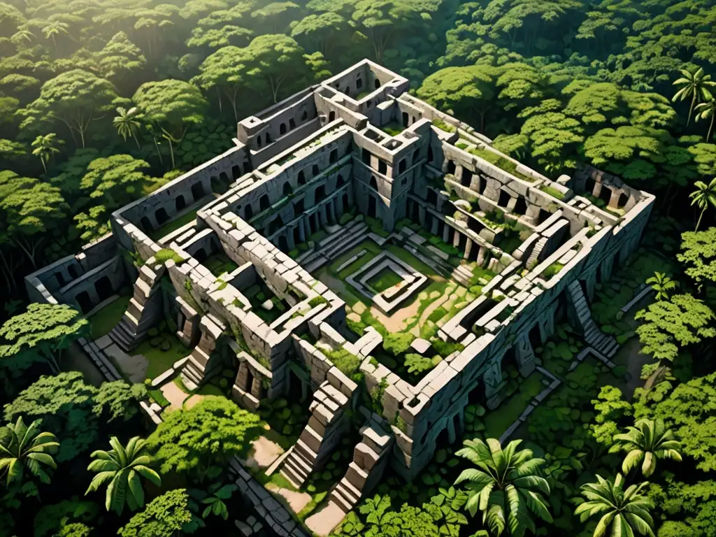 Ruinas antiguas ocultas en la exuberante selva, evocando la arqueología de las ciudades perdidas