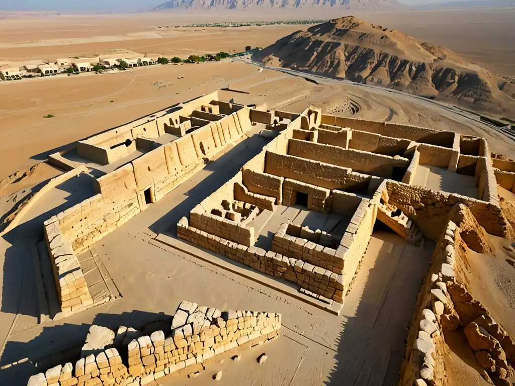 Ruinas antiguas de Qumrán bañadas por la cálida luz del atardecer, con manuscrito hebreo antiguo en primer plano