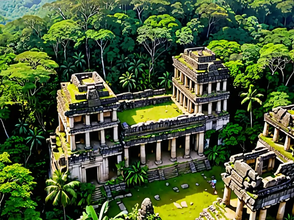 Ruinas antiguas en la selva exuberante, revelando la arqueología de las ciudades perdidas entre la vegetación y la historia