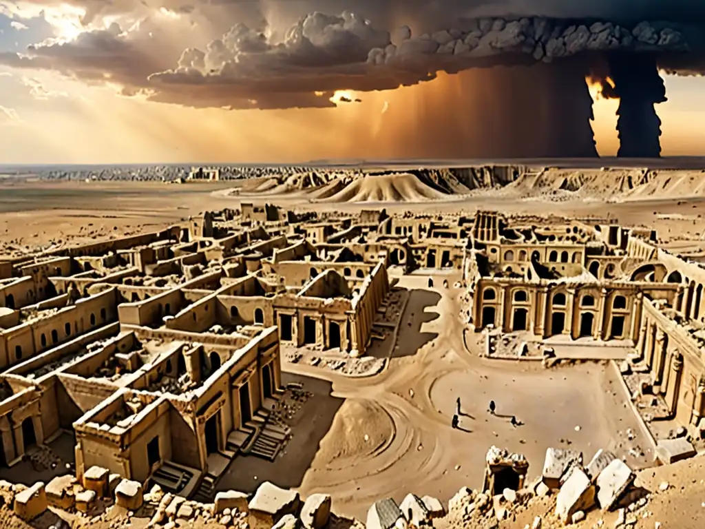 Ruinas antiguas de Sodoma y Gomorra, con cielos dramáticos y atmósfera desolada